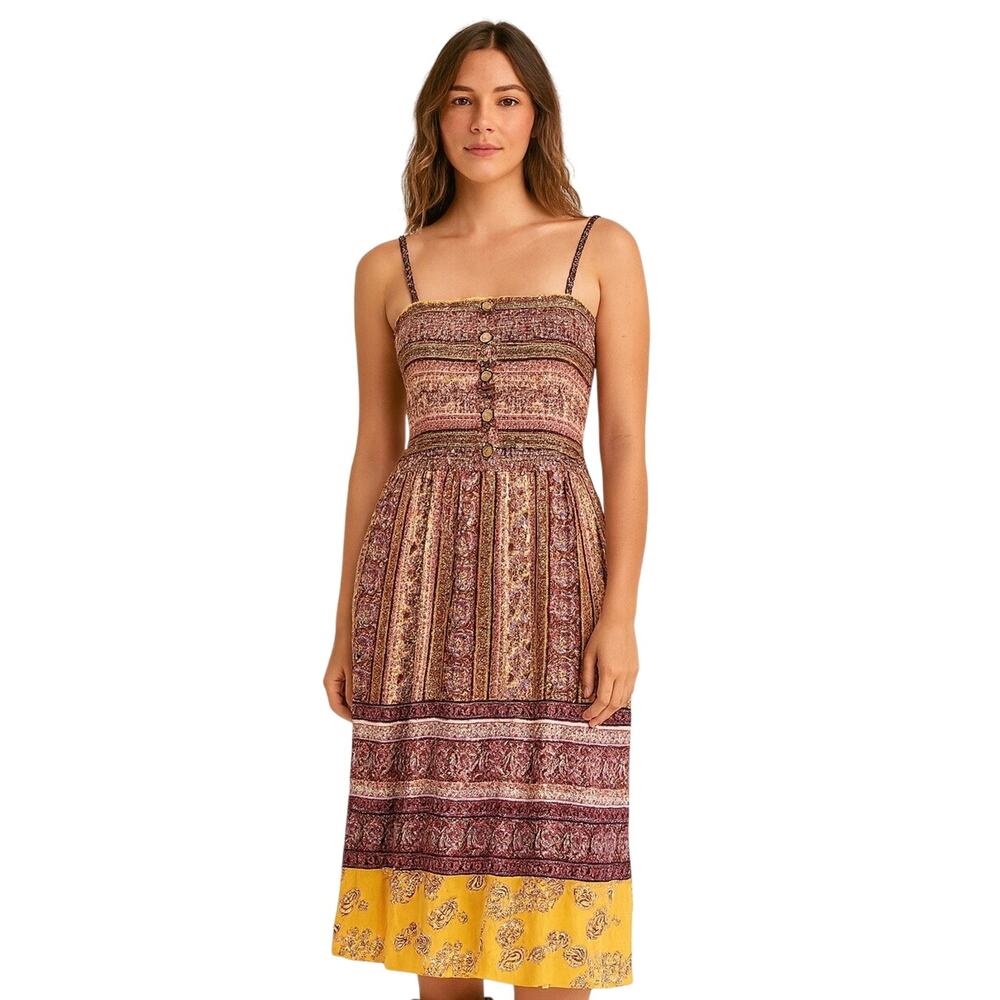 Angie Boho Printed Smocked Midi Dress Adjustable Straps Square Neck - Size Small